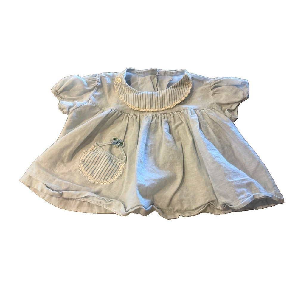 Vintage Fawn Fashions  Girls Blue White Lace Button Dress 21 to 28 Pounds Ruffle